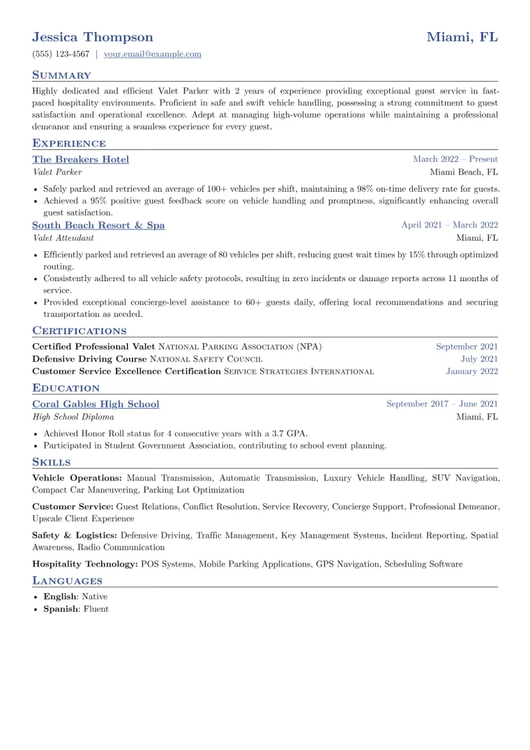 Valet Parker Resume Example CV template preview