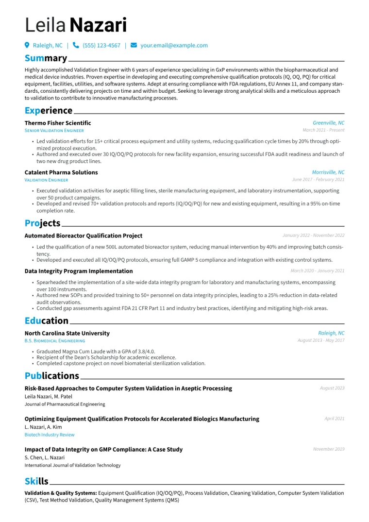 Validation Engineer Resume Example CV template preview
