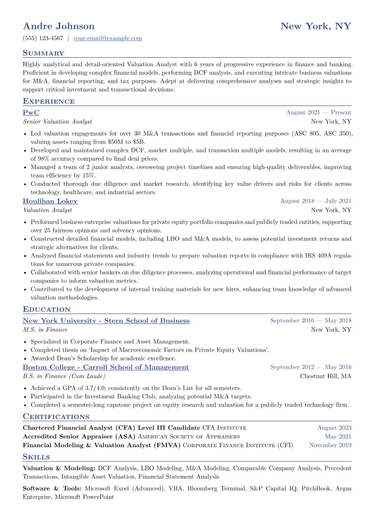 Valuation Analyst Resume Example CV template preview
