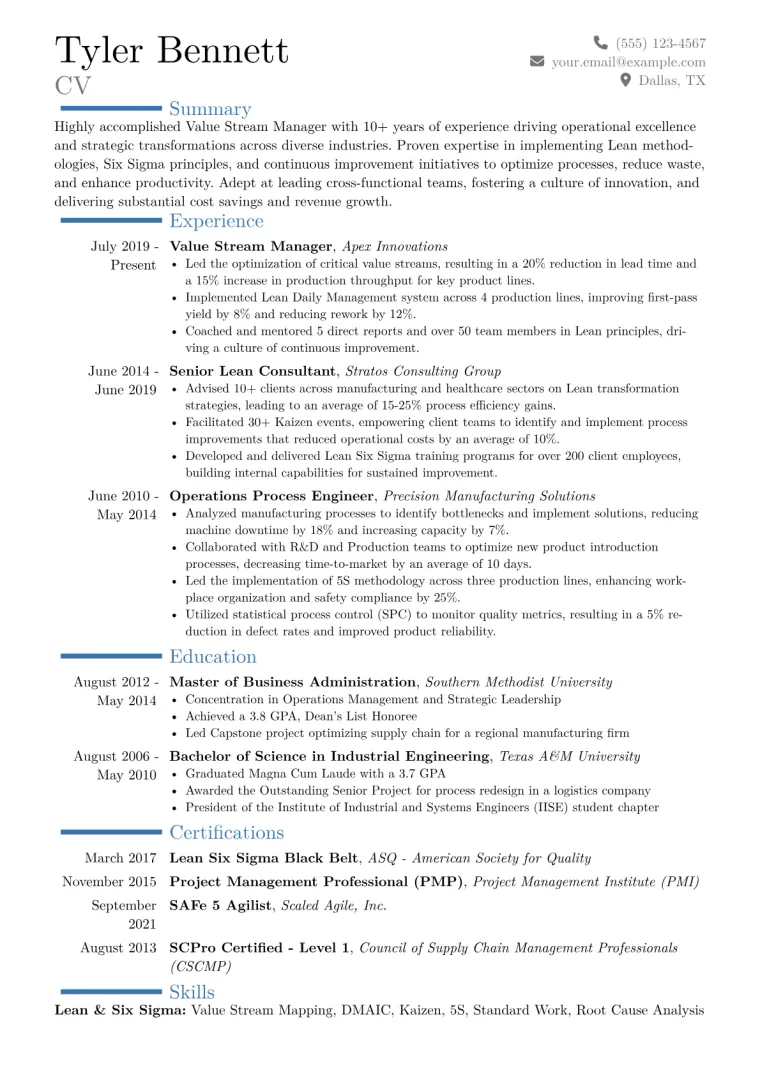 Value Stream Manager Resume Example CV template preview