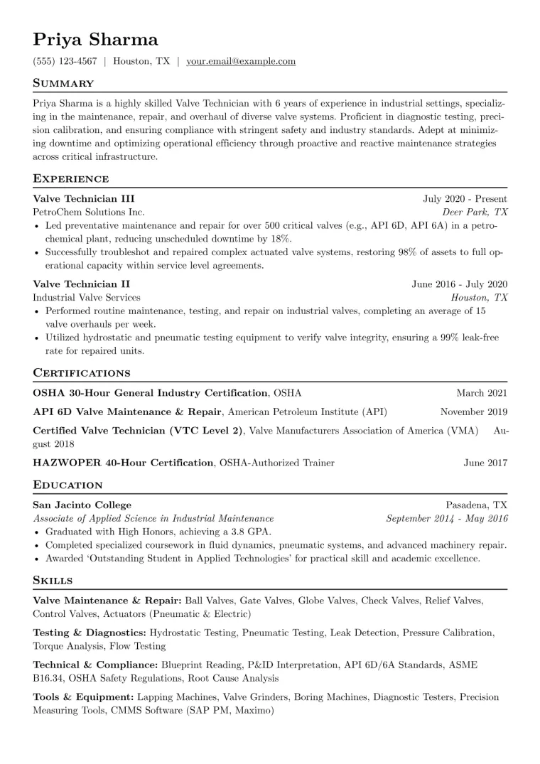 Valve Technician Resume Example CV template preview