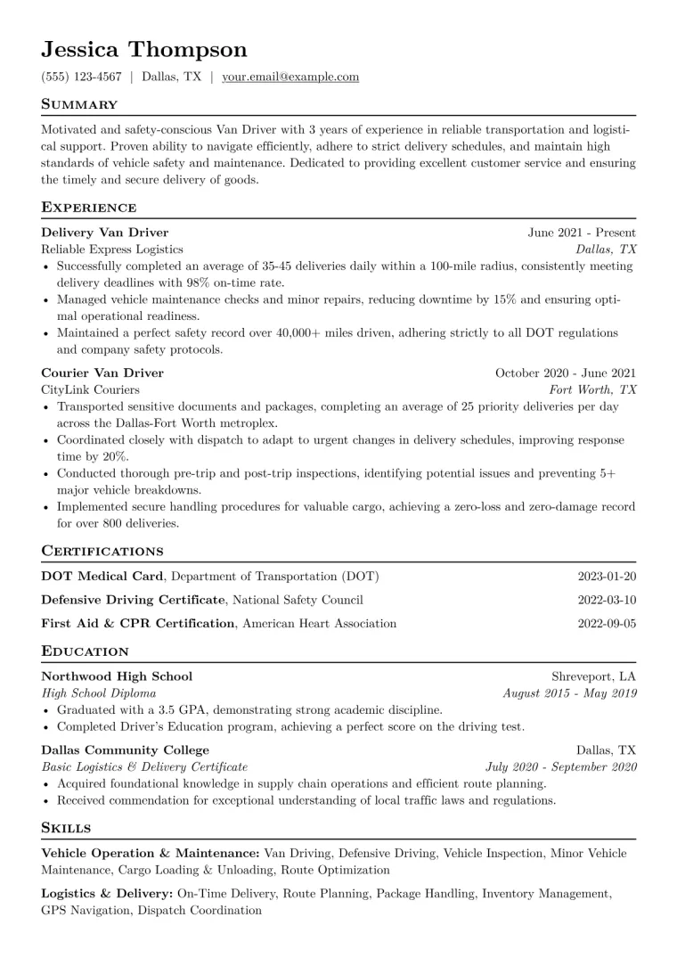 Van Driver Resume Example CV template preview