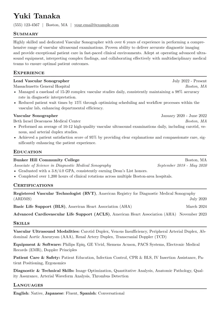 Vascular Sonographer Resume Example CV template preview