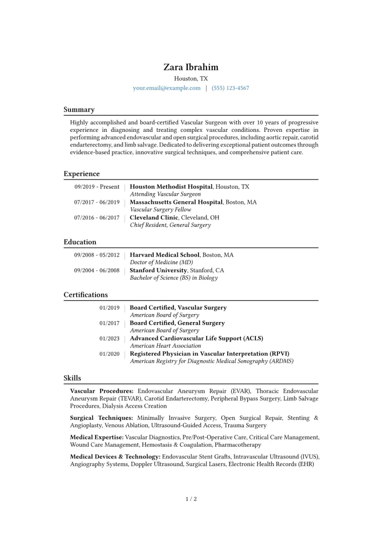 Vascular Surgeon Resume Example CV template preview