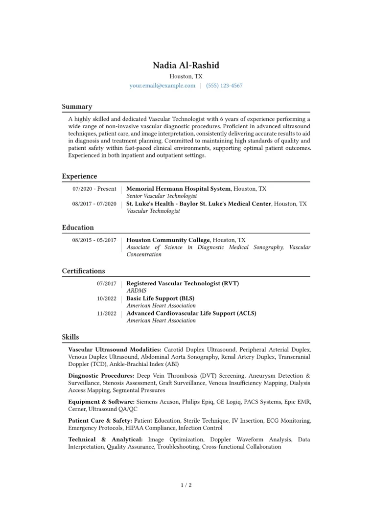 Vascular Technologist Resume Example CV template preview