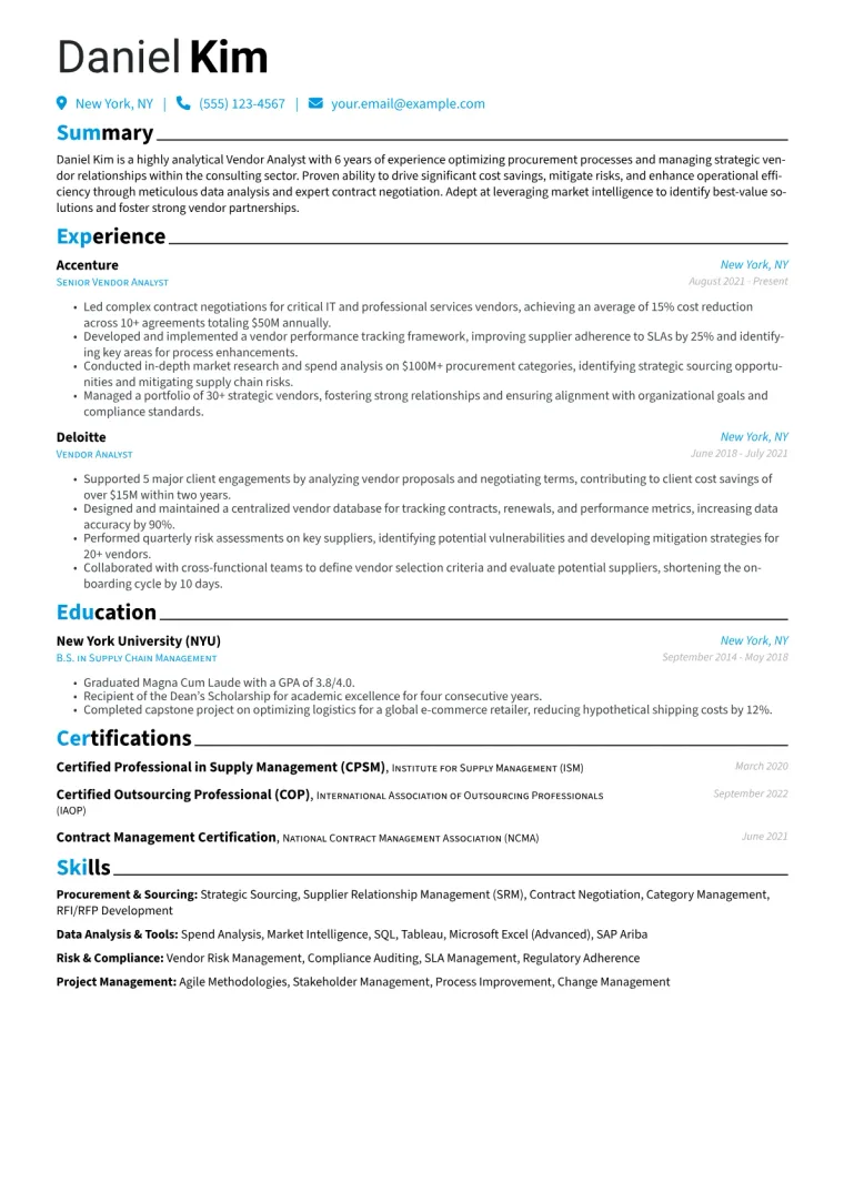 Vendor Analyst Resume Example CV template preview
