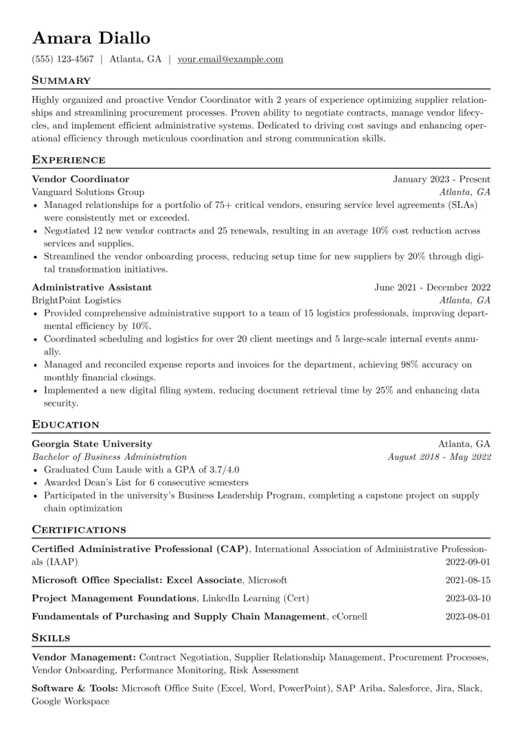 Vendor Coordinator Resume Example CV template preview