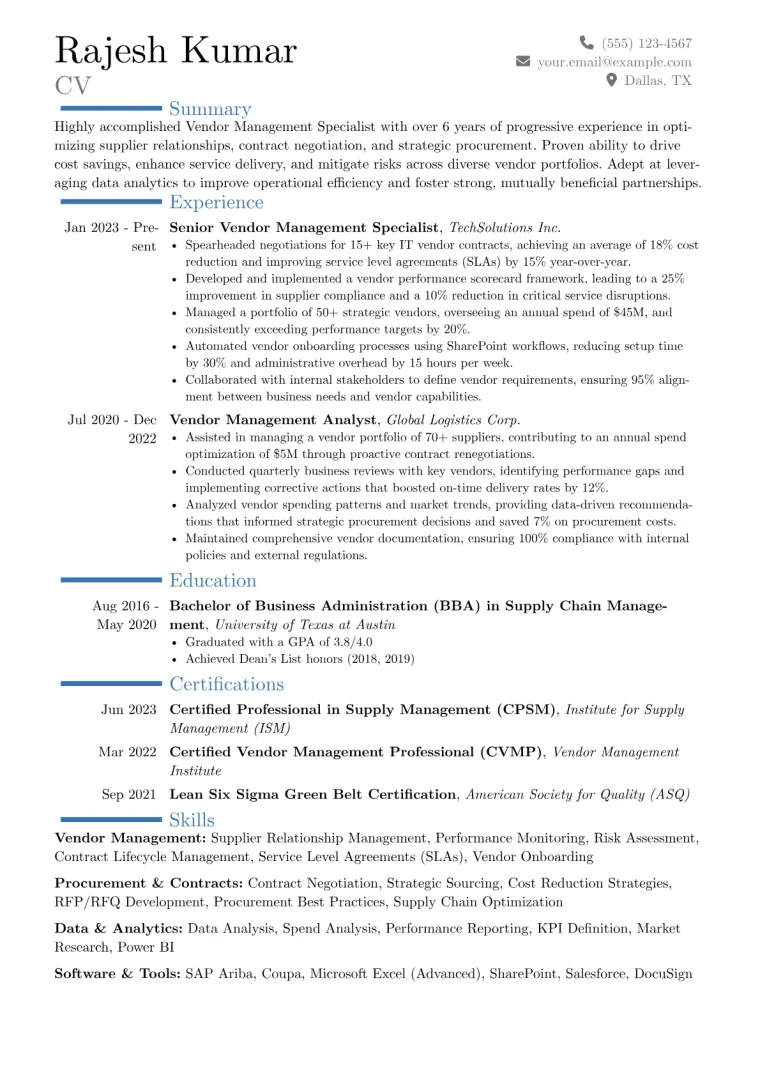 Vendor Management Specialist Resume Example preview