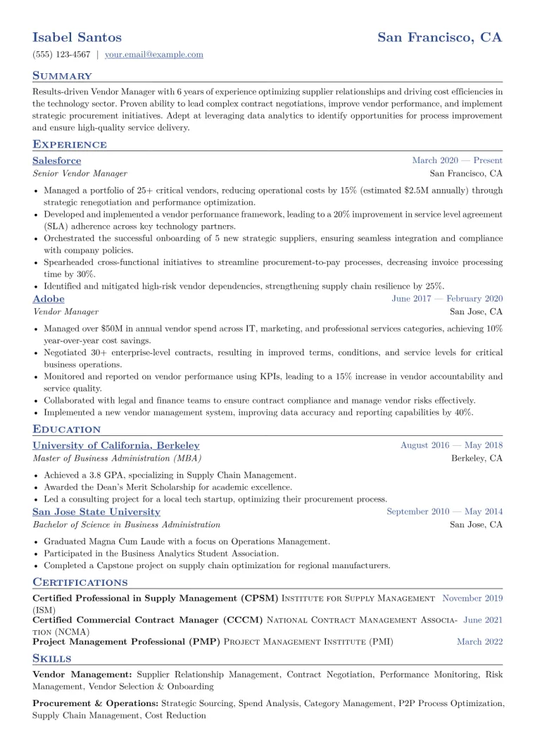Vendor Manager Resume Example CV template preview