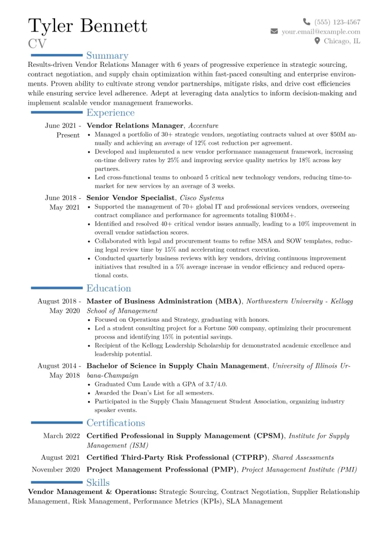 Vendor Relations Manager Resume Example CV template preview