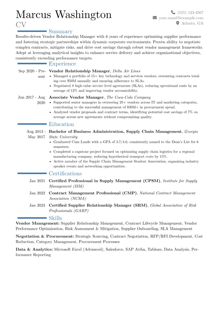 Vendor Relationship Manager Resume Example CV template preview