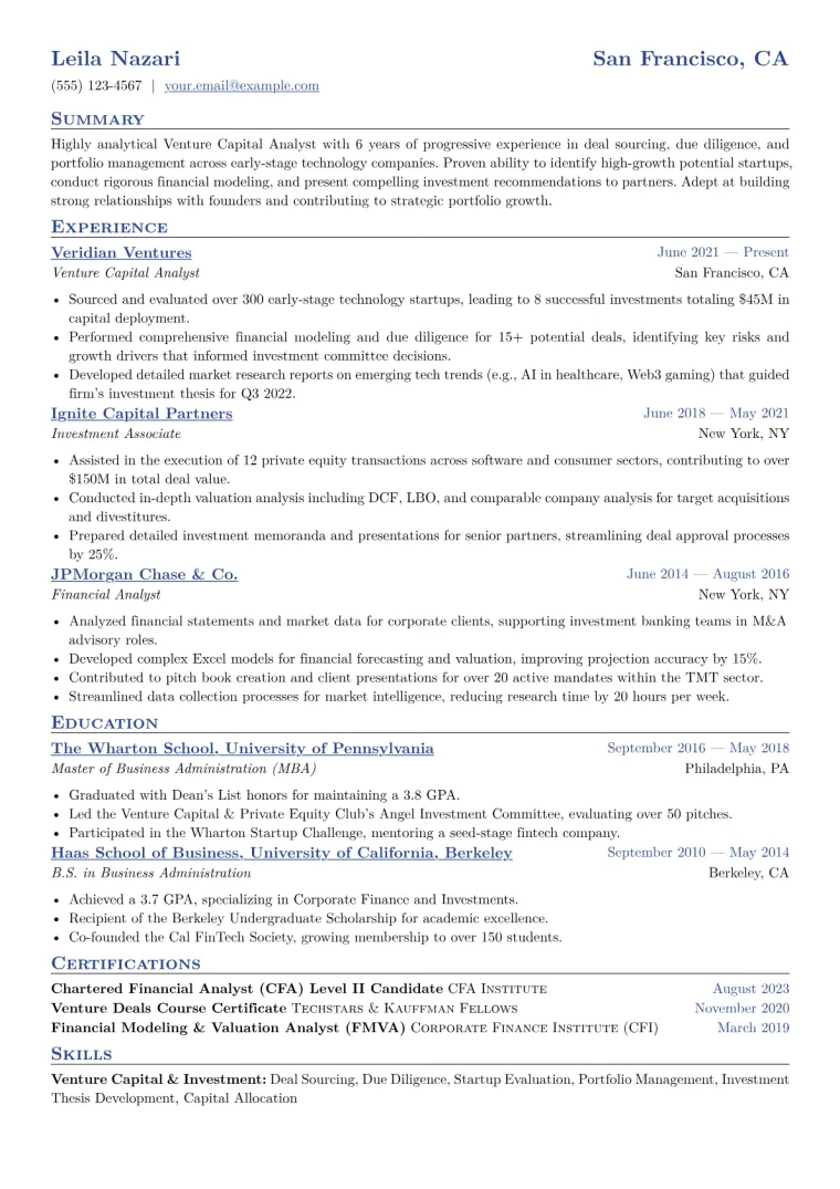 Venture Capital Analyst Resume Example CV template preview