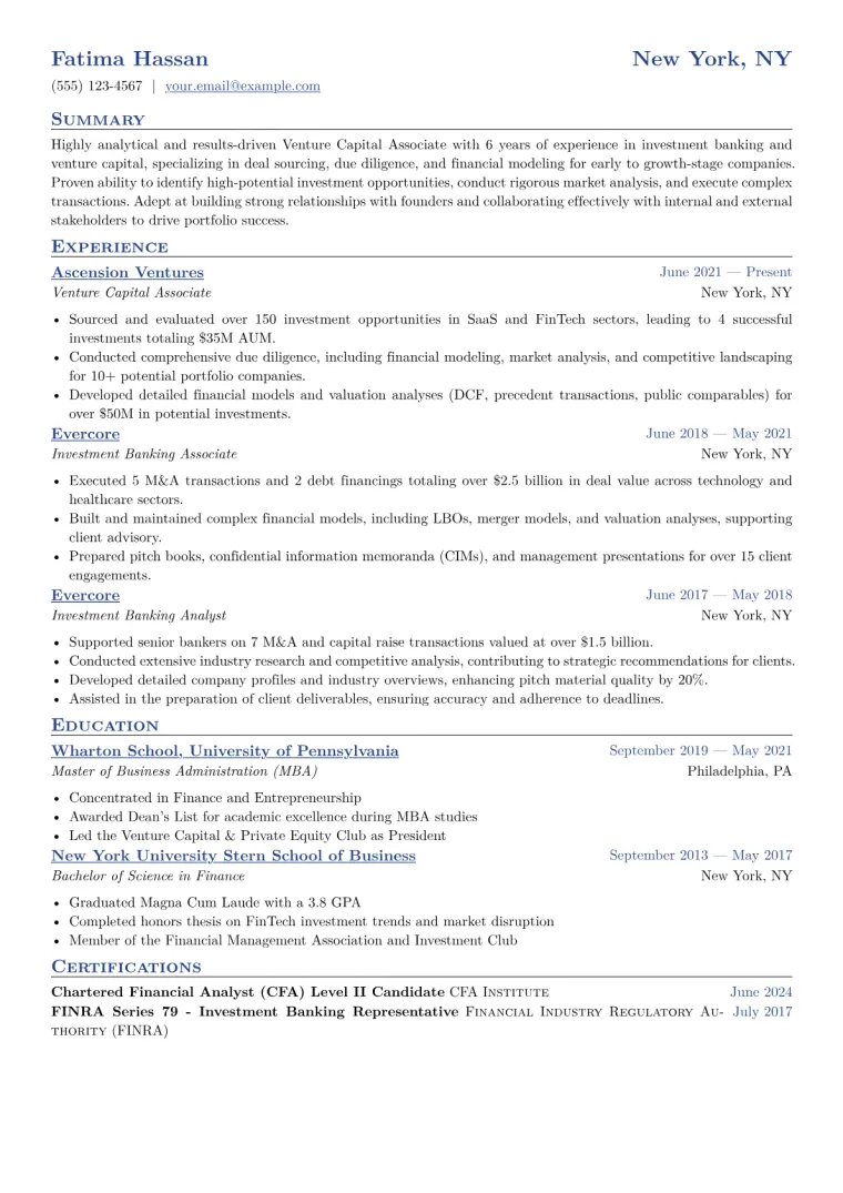Venture Capital Associate Resume Example CV template preview