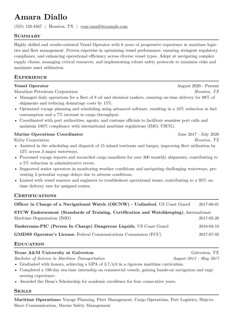 Vessel Operator Resume Example CV template preview