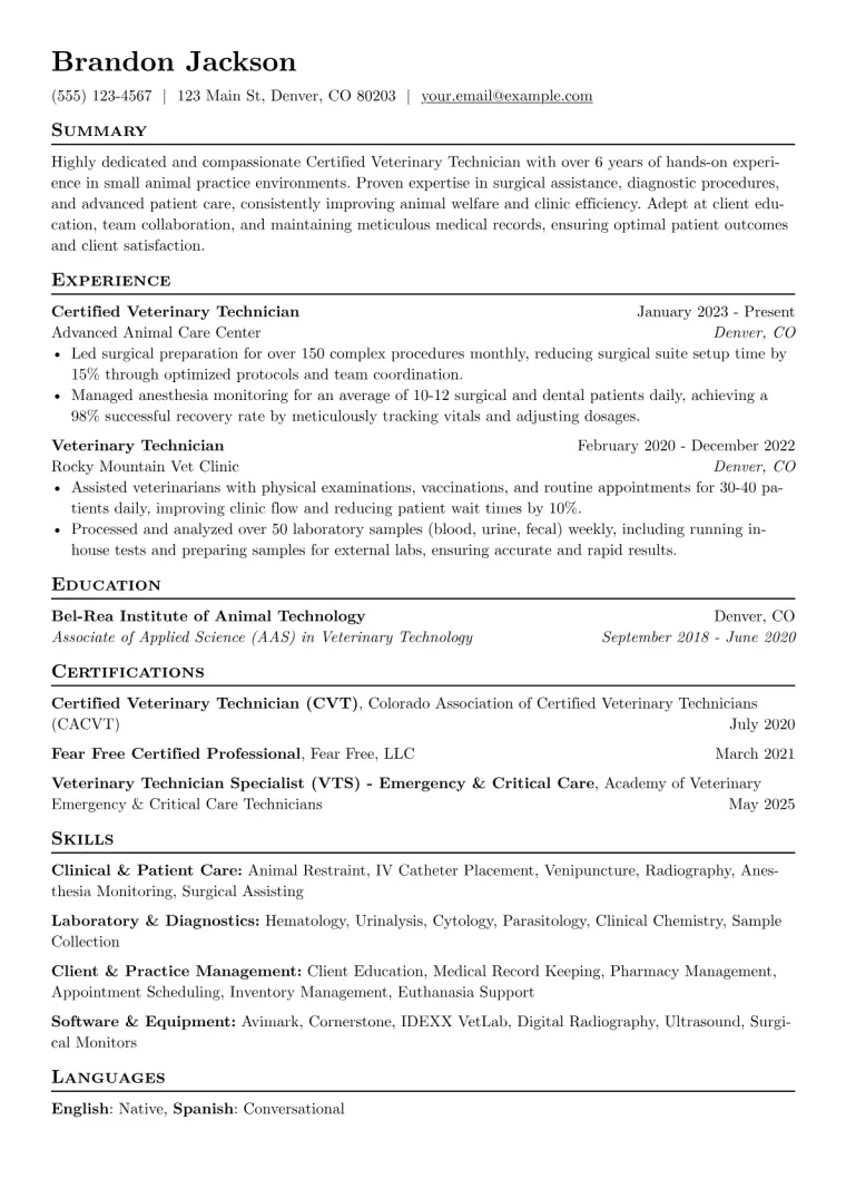 Vet Tech Resume Example CV template preview
