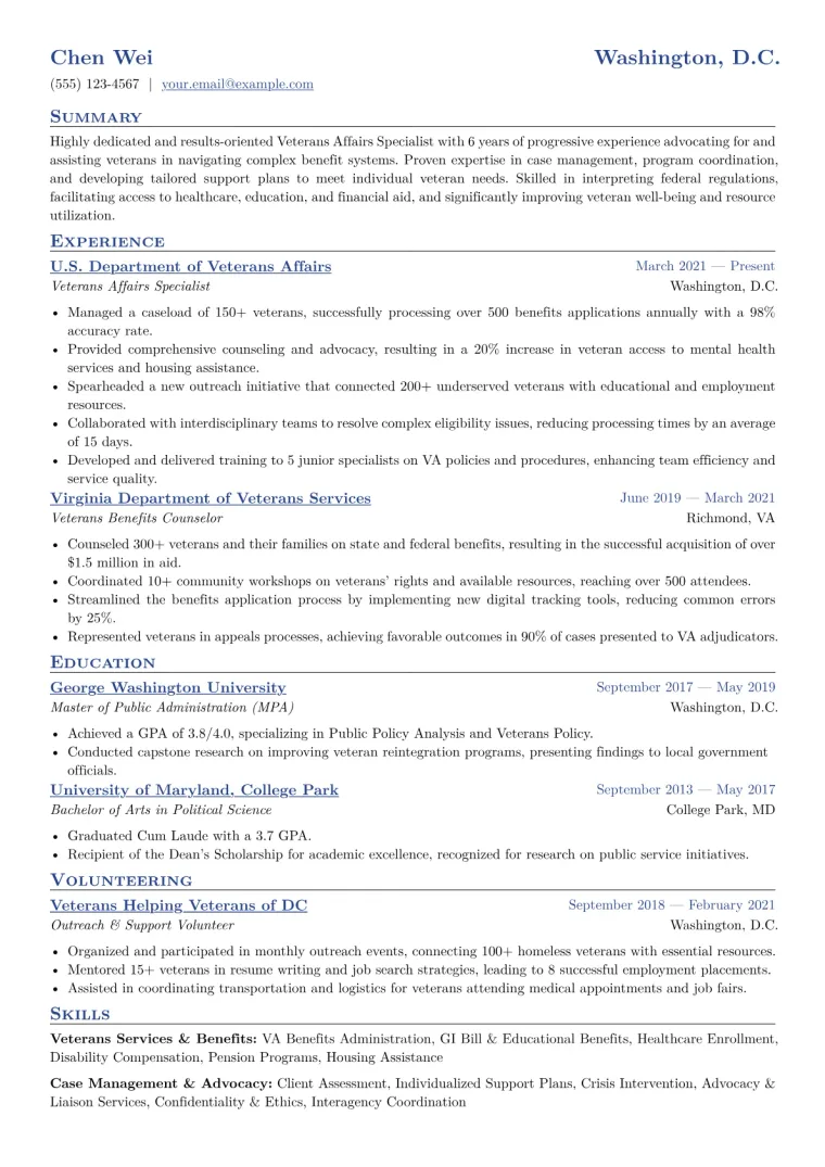 Veterans Affairs Specialist Resume Example CV template preview