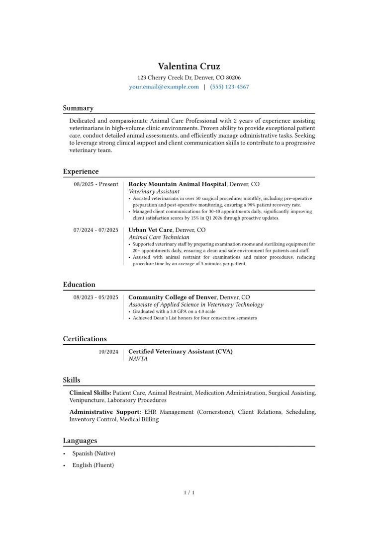Veterinarian Assistant Resume Example preview