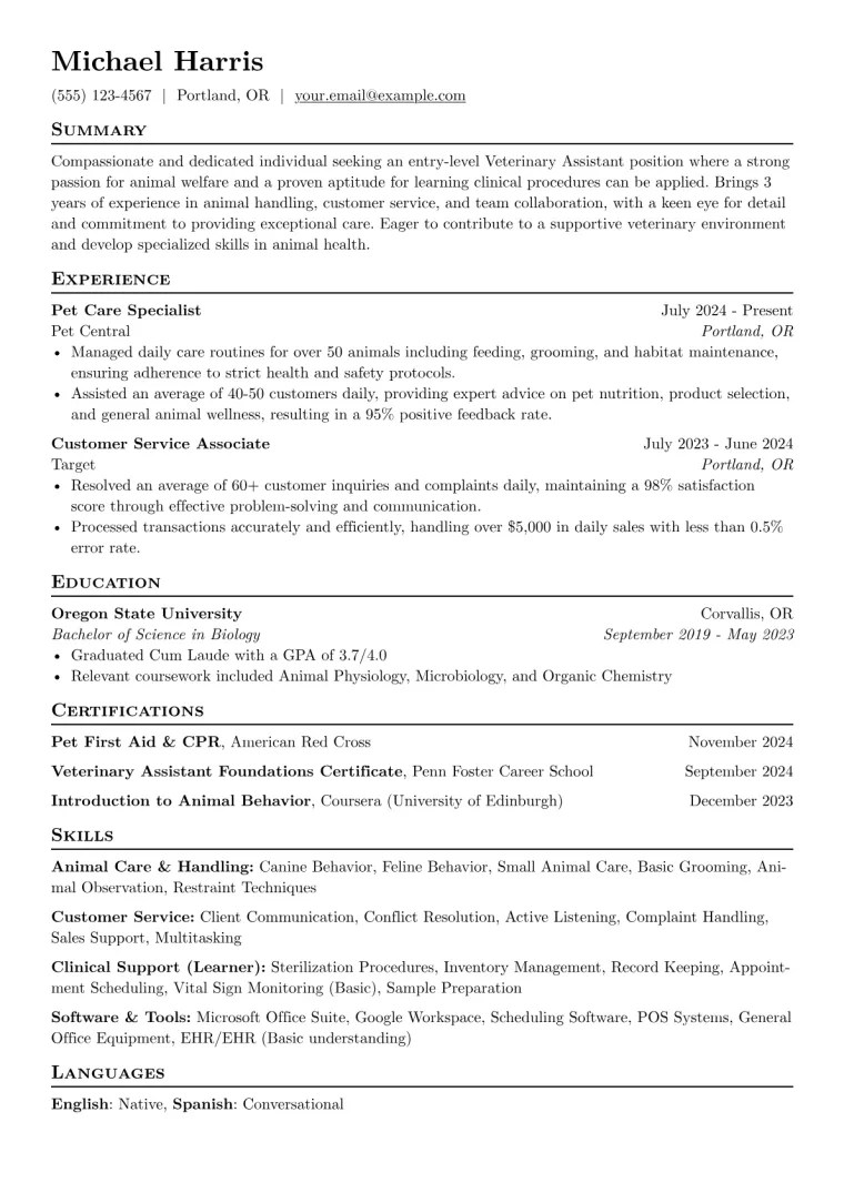 Veterinary Assistant With No Experience Resume Example CV template preview