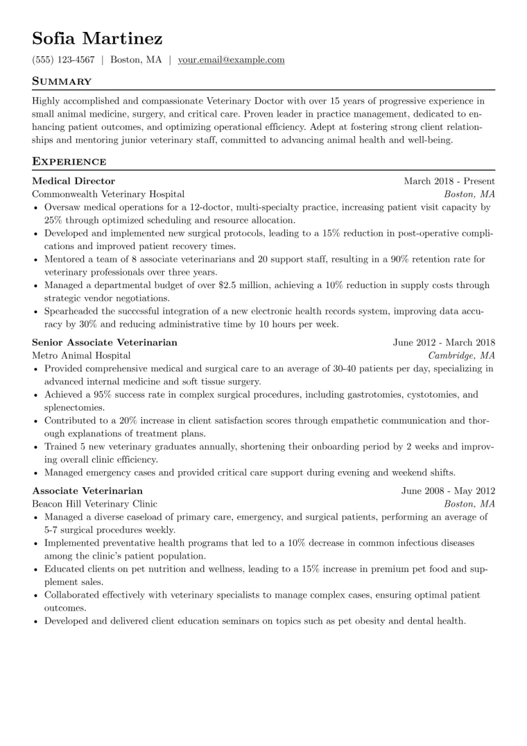 Veterinary Doctor Resume Example CV template preview