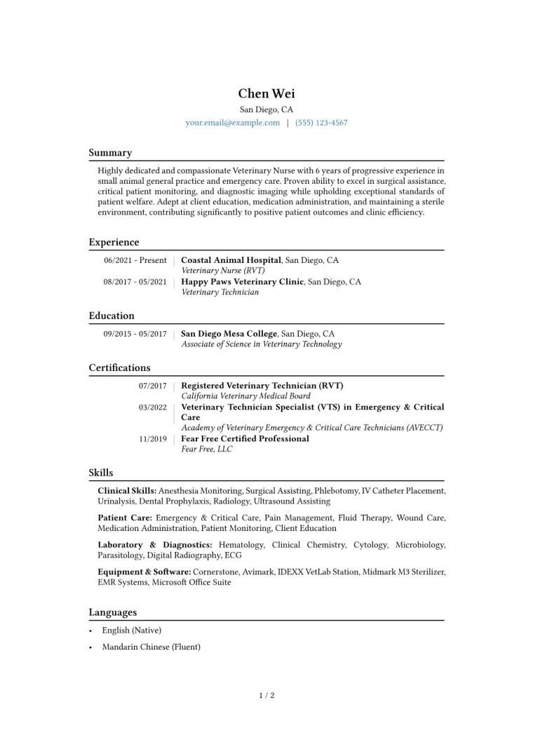 Veterinary Nurse Resume Example CV template preview