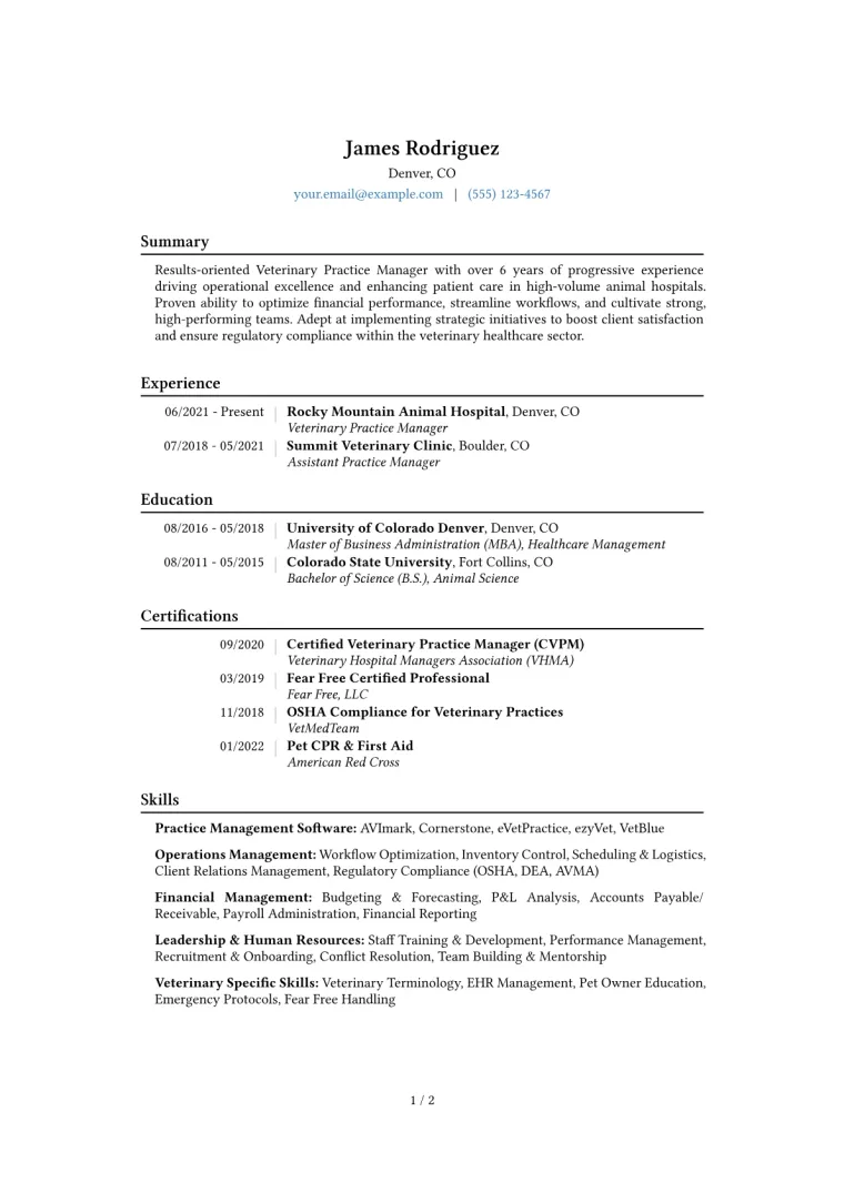 Veterinary Practice Manager Resume Example CV template preview
