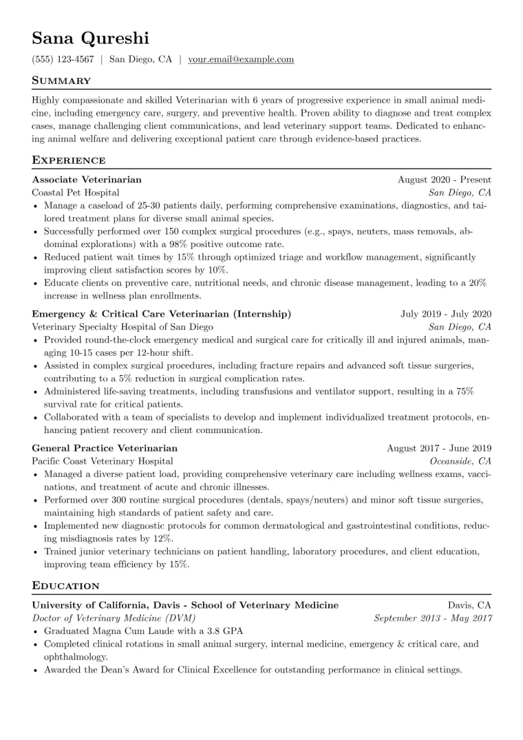 Veterinary Resume Example CV template preview