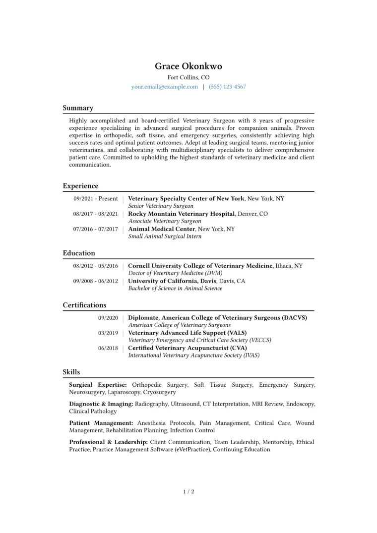 Veterinary Surgeon Resume Example CV template preview