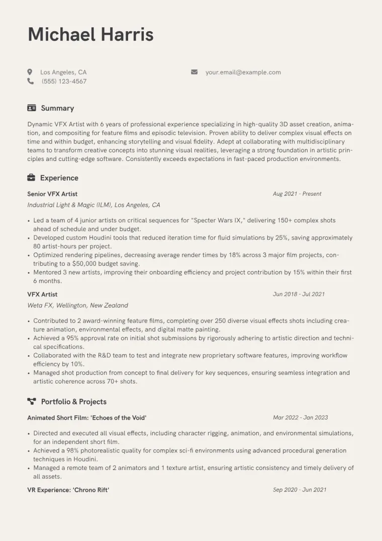 VFX Artist Resume Example CV template preview