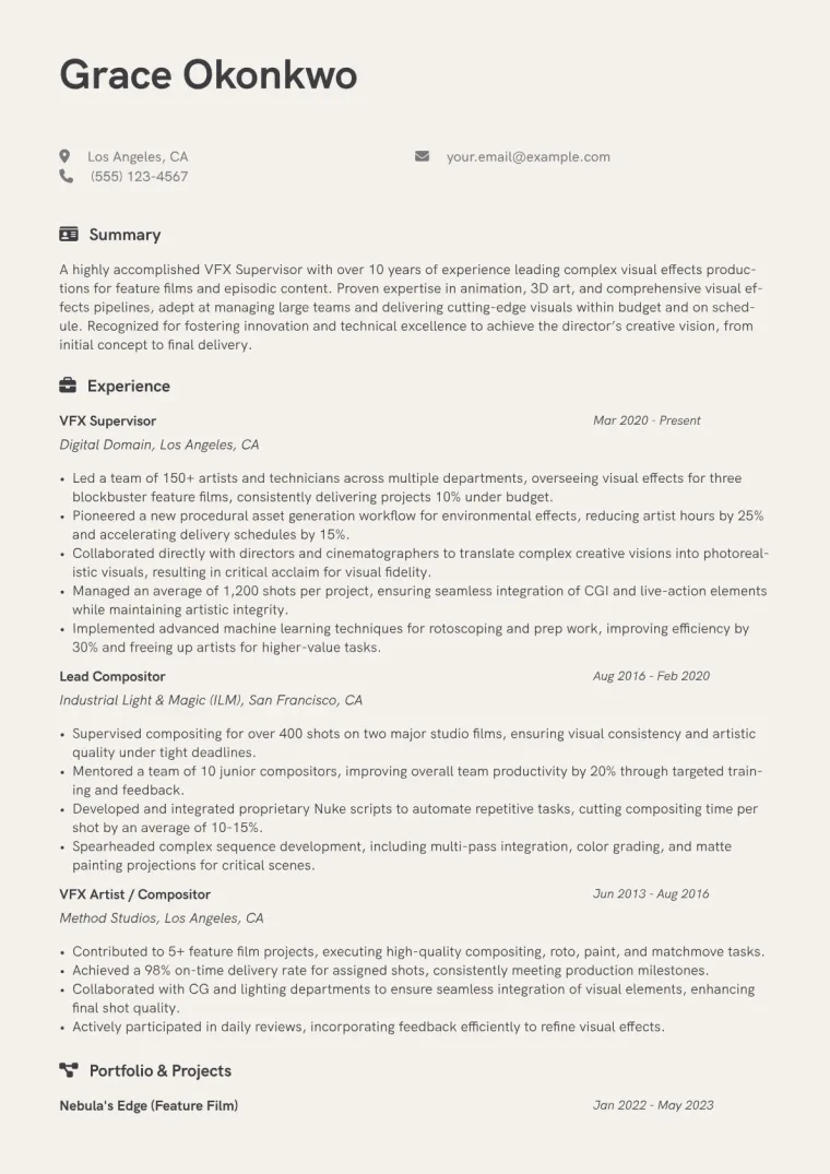 VFX Supervisor Resume Example CV template preview