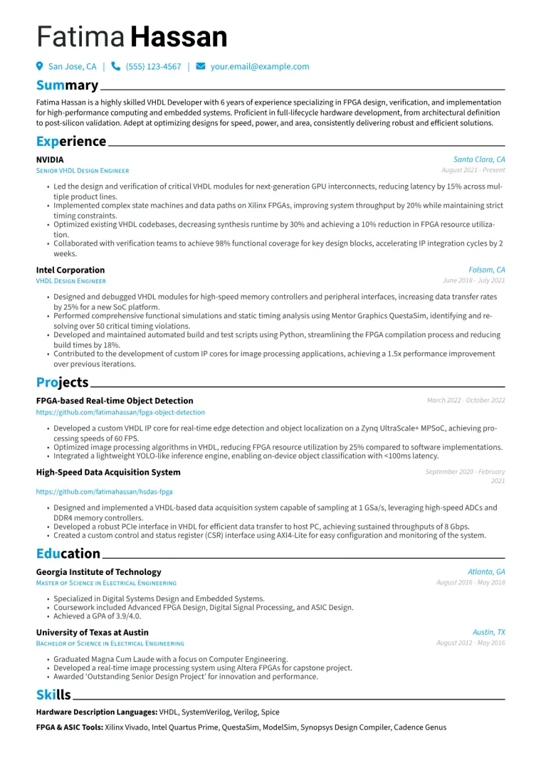 VHDL Developer Resume Example CV template preview