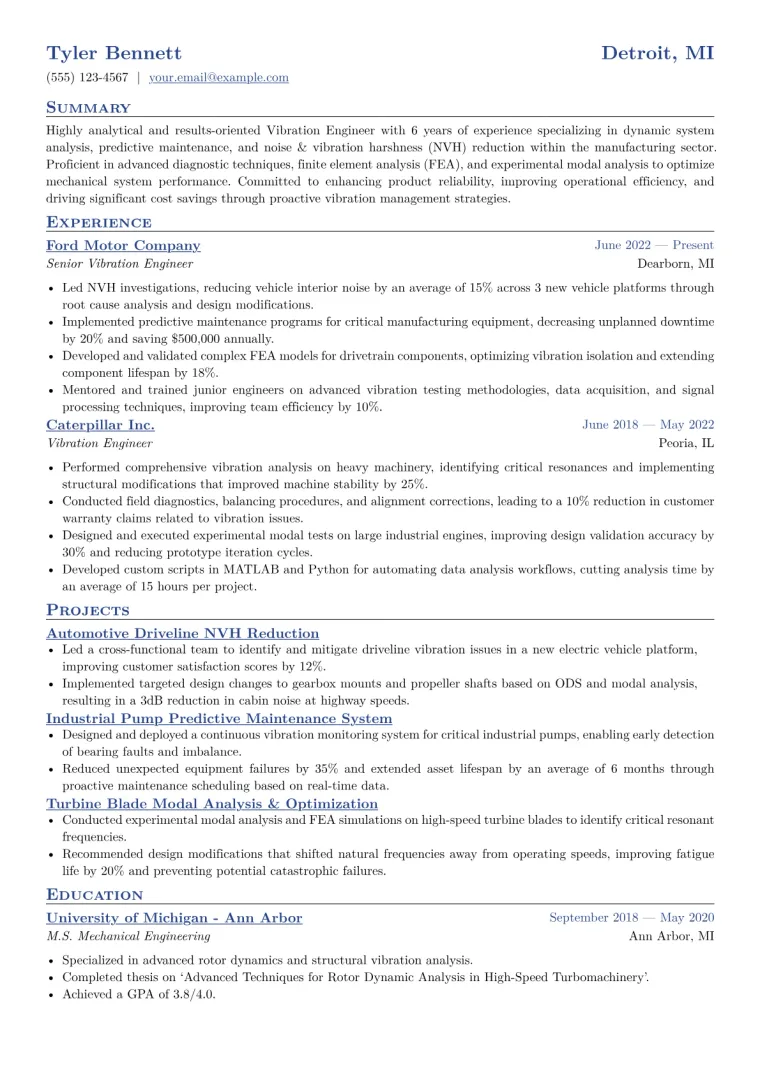 Vibration Engineer Resume Example CV template preview