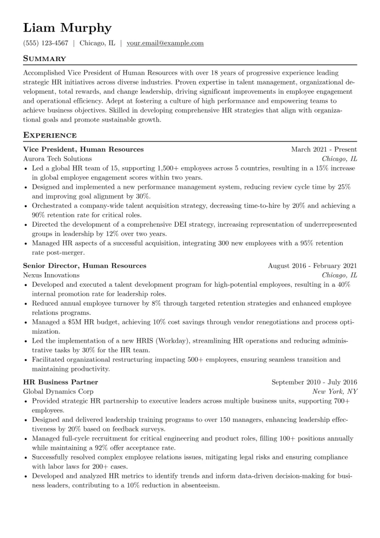 Vice President Human Resources Resume Example CV template preview