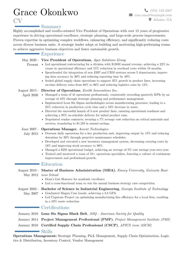 Vice President of Operations Resume Example CV template preview
