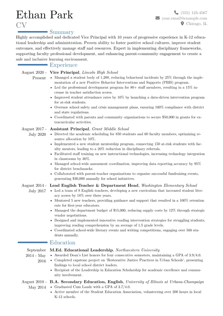 Vice Principal Resume Example CV template preview