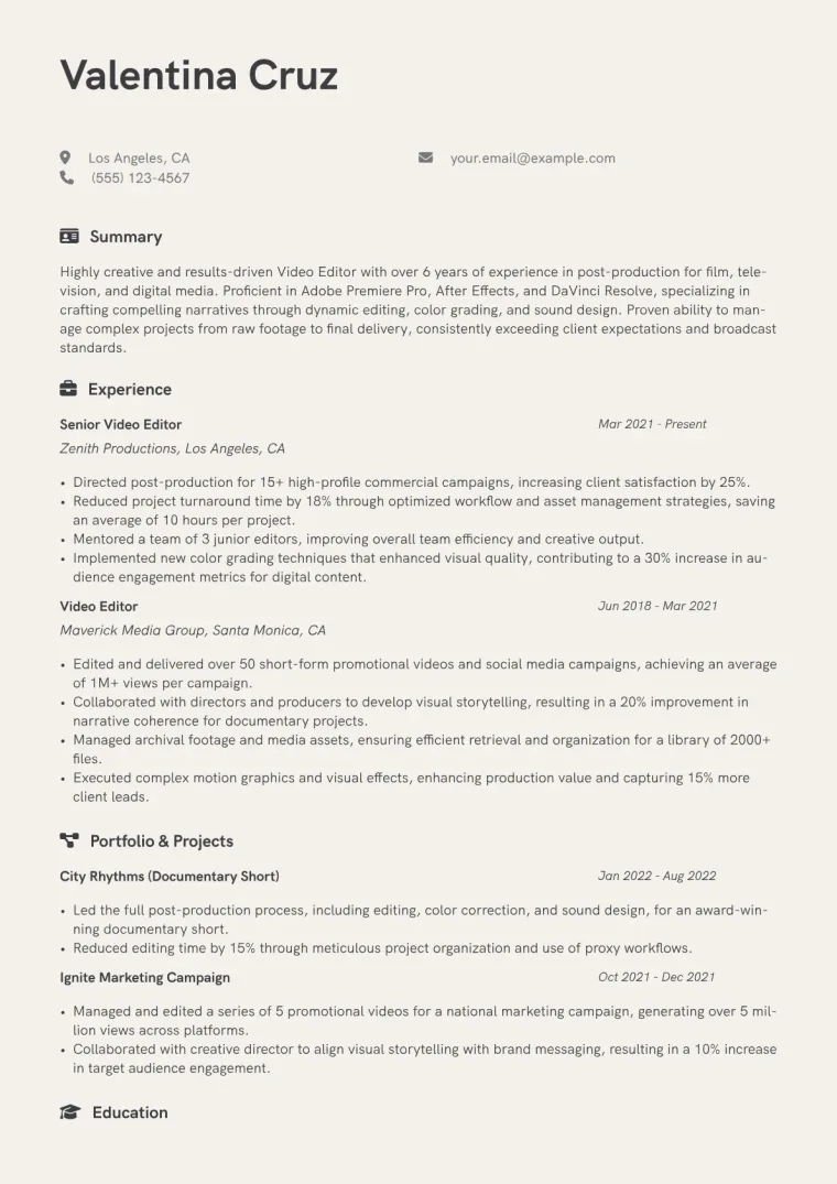 Video Editor Resume Example CV template preview