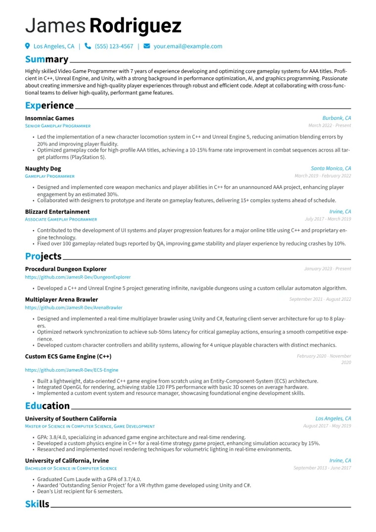 Video Game Programmer Resume Example CV template preview