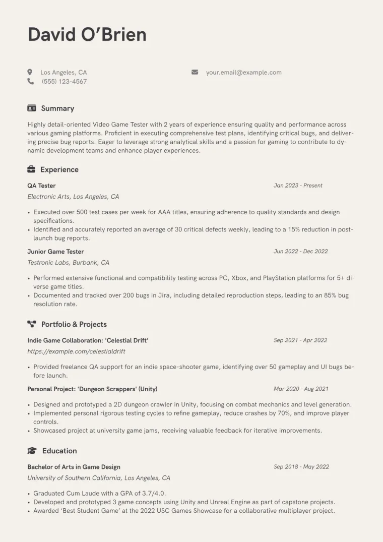 Video Game Tester Resume Example CV template preview