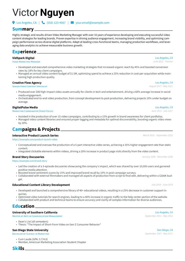 Video Marketing Manager Resume Example CV template preview