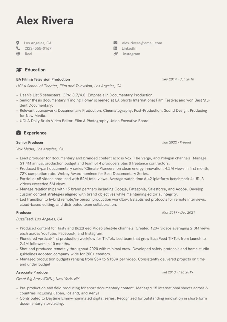 Video Producer - Content/Media CV template preview