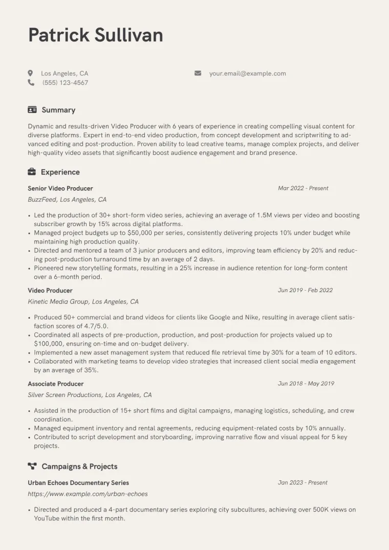 Video Producer Resume Example CV template preview