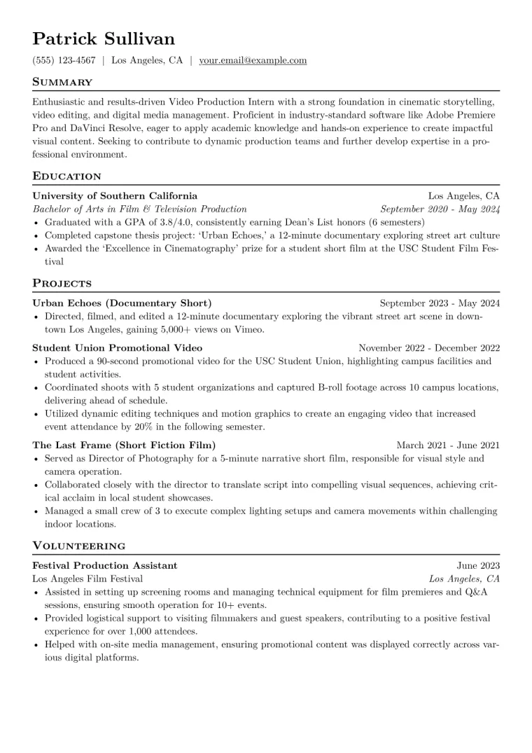 Video Production Intern Resume Example CV template preview