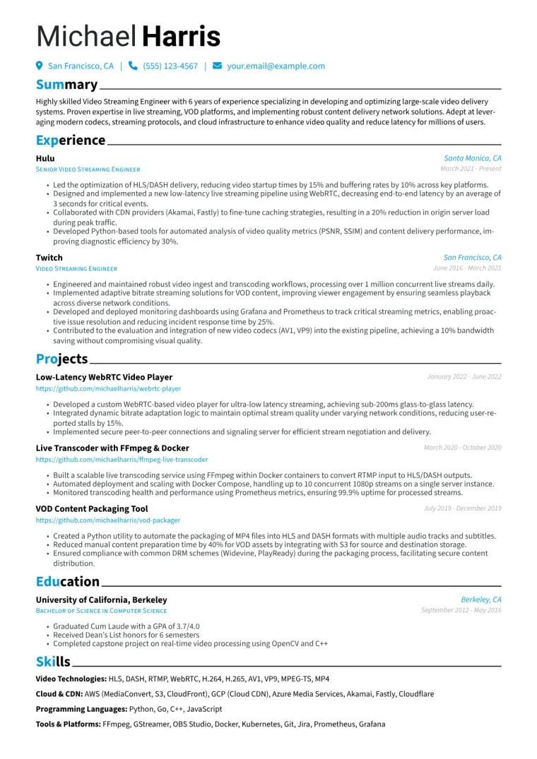 Video Streaming Engineer Resume Example CV template preview