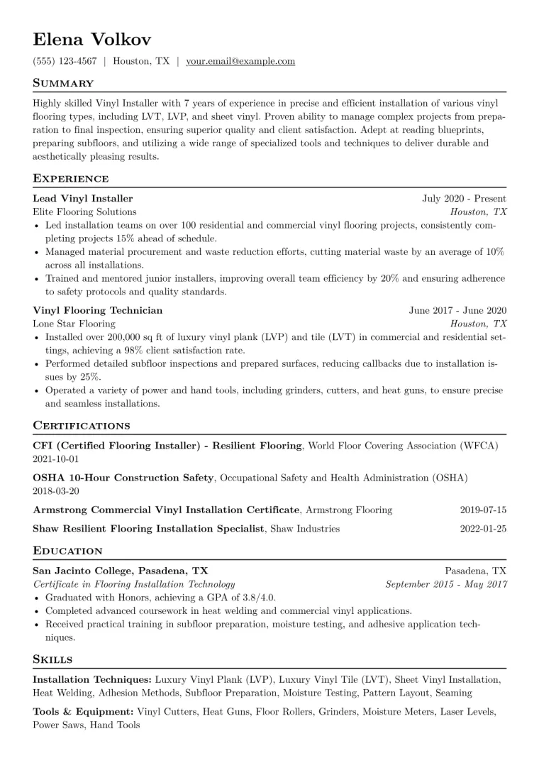 Vinyl Installer Resume Example CV template preview