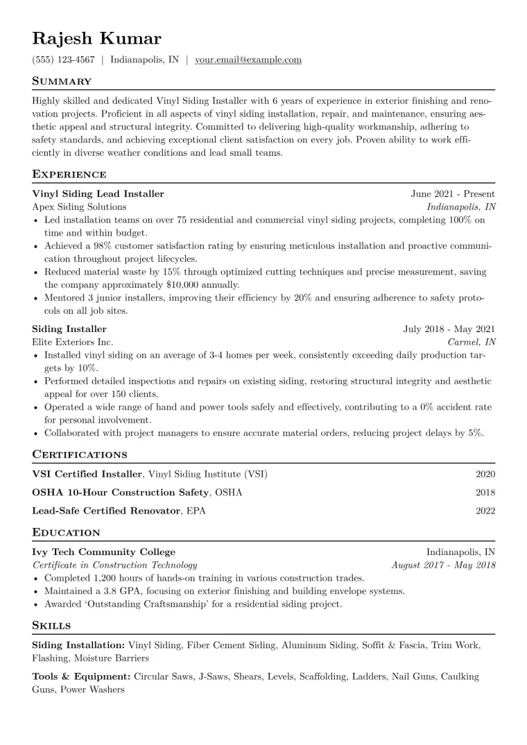 Vinyl Siding Installer Resume Example CV template preview