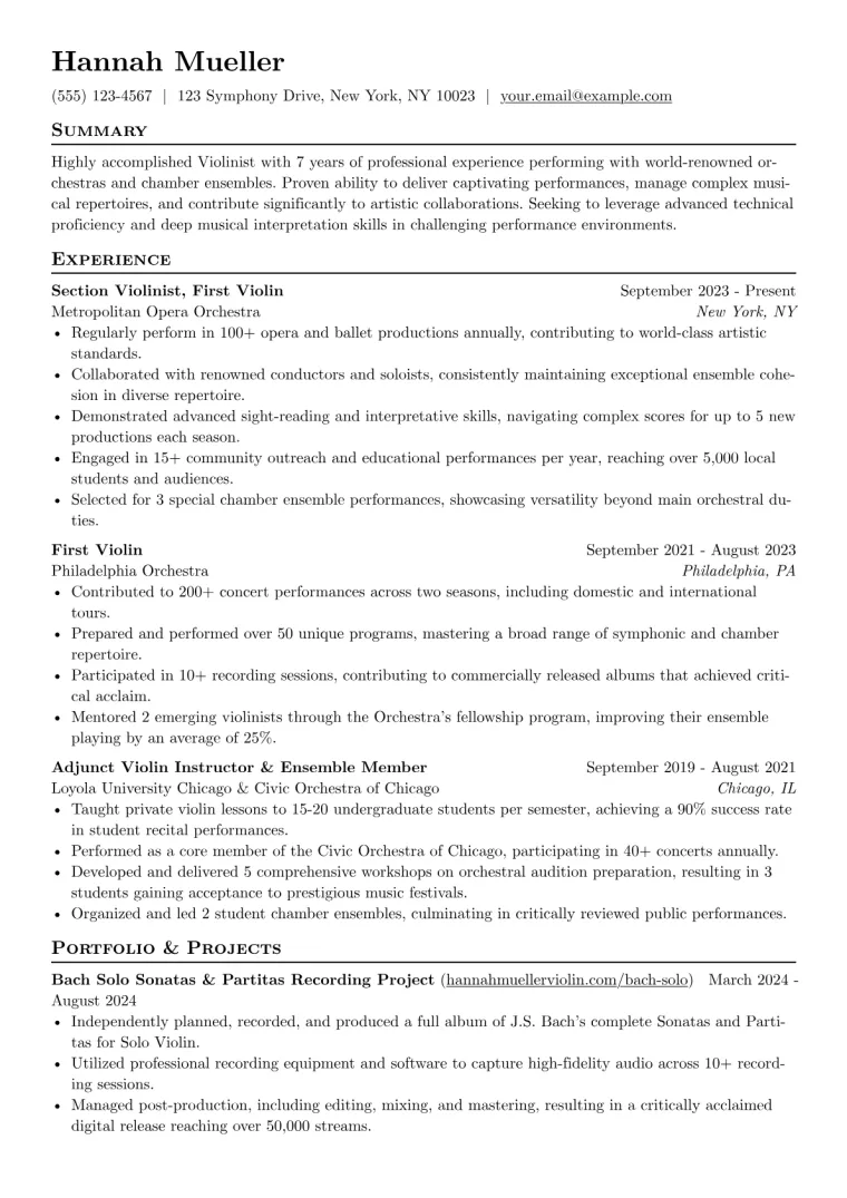 Violinist Resume Example CV template preview