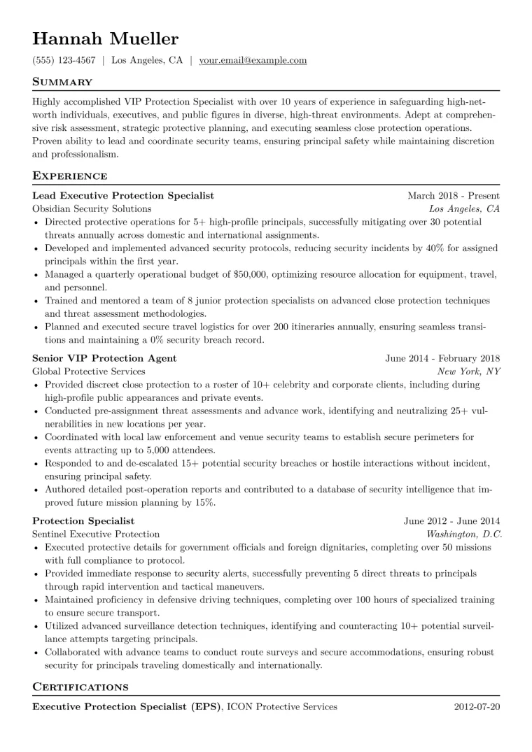 VIP Protection Specialist Resume Example CV template preview