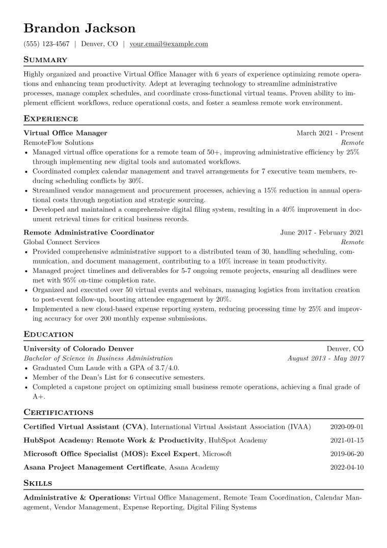 Virtual Office Manager Resume Example CV template preview