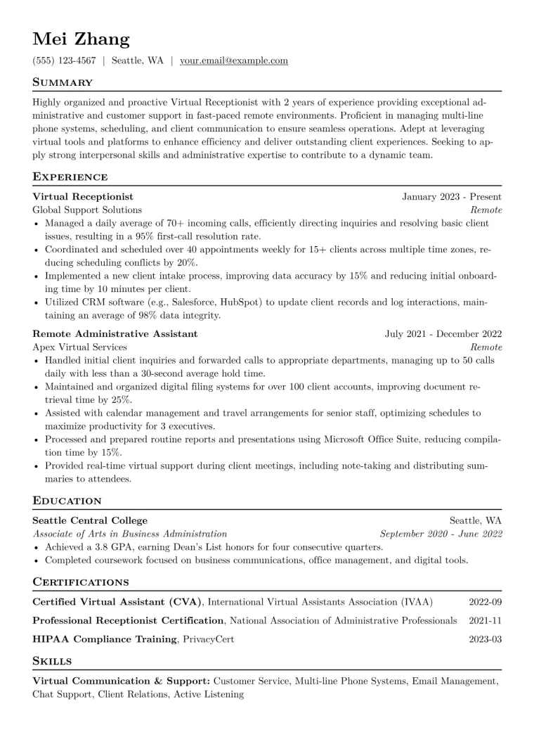 Virtual Receptionist Resume Example CV template preview