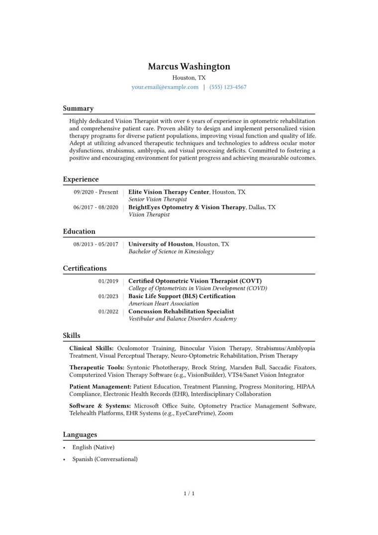 Vision Therapist Resume Example CV template preview
