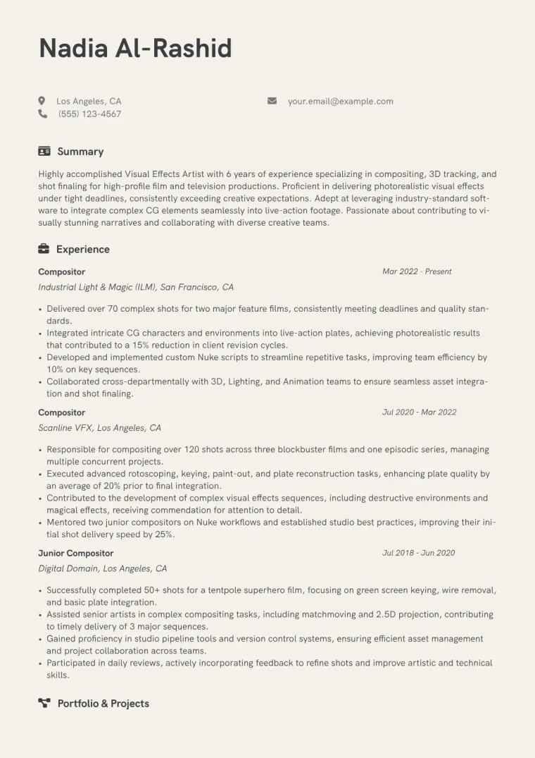 Visual Effects Artist Resume Example CV template preview